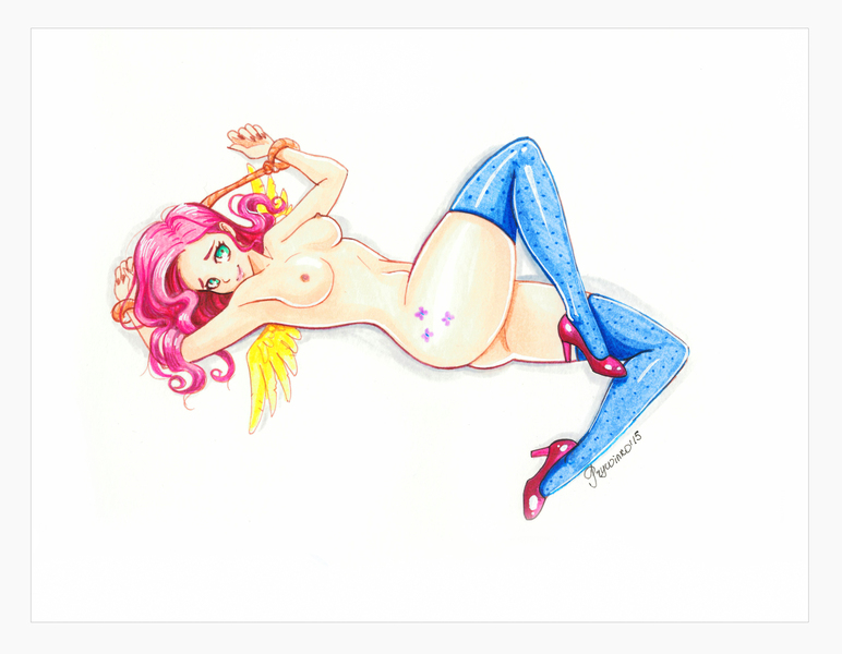 Size: 5103x3968 | Tagged: armpits, artist:prywinko, bondage, breasts, busty fluttershy, clothes, cutie mark, derpibooru import, female, fluttershy, high heels, human, humanized, nipples, nudity, questionable, rope, socks, solo, solo female, stockings, thigh highs, winged humanization