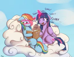 Size: 2250x1750 | Tagged: safe, artist:alasou, deleted from derpibooru, derpibooru import, rainbow dash, twilight sparkle, twilight sparkle (alicorn), alicorn, pegasus, pony, adorkable, book, cloud, cloudy, critical hug failure, crying, cute, dashabetes, dialogue, dork, ear fluff, eyepatch, female, floppy ears, fluffy, frown, glowing horn, implied horn impalement, injured, lesbian, magic, mare, on a cloud, open mouth, reading, reality ensues, shipping, sitting, telekinesis, twiabetes, twidash, unamused, unicorn problems