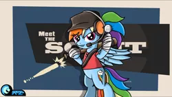 Size: 2048x1152 | Tagged: artist:az-derped-unicorn, baseball bat, crossover, derpibooru import, headset, meet the scout, rainbow dash, safe, scout, solo, team fortress 2, video game