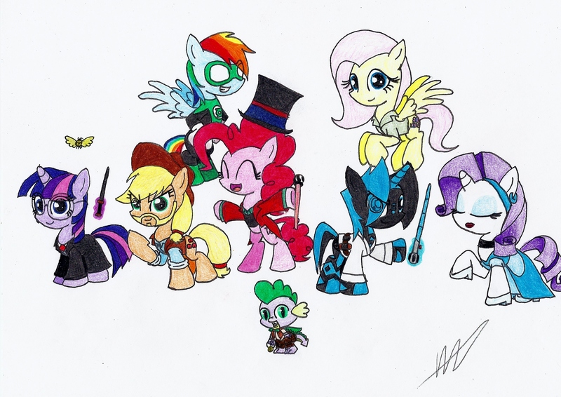 Size: 3440x2432 | Tagged: applejack, artist:az-derped-unicorn, chibi, chuck norris, cinderella, derpibooru import, fluttershy, frodo baggins, green lantern, harry potter, jedi, mane seven, mane six, oc, parasprite, pinkie pie, rainbow dash, rarity, safe, solo, spike, star wars, steve irwin, twilight sparkle, walker texas ranger, willy wonka