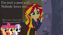 Size: 1920x1080 | Tagged: safe, derpibooru import, edit, screencap, apple bloom, scootaloo, sunset shimmer, sweetie belle, earth pony, pegasus, pony, unicorn, equestria girls, bohemian rhapsody, bronybait, chorus, cute, cutie mark crusaders, lyrics, quartet, queen (band), sad, unloved