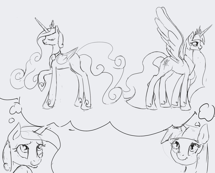 Size: 1280x1032 | Tagged: safe, artist:silfoe, derpibooru import, princess cadance, twilight sparkle, twilight sparkle (alicorn), alicorn, pony, royal sketchbook, dream, ethereal mane, fantasy, female, grayscale, mare, monochrome, thought bubble, ultimate cadance, ultimate twilight