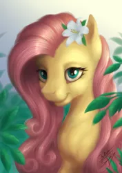 Size: 818x1157 | Tagged: artist:bluespaceling, derpibooru import, flower in hair, fluttershy, portrait, safe, smiling, solo