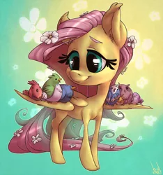 Size: 1170x1250 | Tagged: safe, artist:atryl, derpibooru import, fluttershy, bird, pegasus, pony, cute, female, flower, flower in hair, shyabetes, smiling