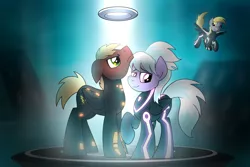 Size: 7250x4850 | Tagged: safe, artist:drawponies, derpibooru import, cloudchaser, derpy hooves, oc, oc:neostrike, pegasus, pony, absurd resolution, female, mare, neochaser, tron, tron legacy