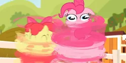 Size: 1920x966 | Tagged: safe, derpibooru import, screencap, apple bloom, pinkie pie, pinkie apple pie, great moments in animation, smear frame