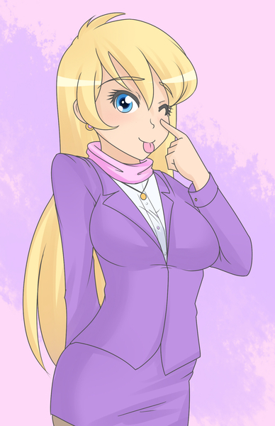 Size: 1280x1980 | Tagged: safe, artist:jonfawkes, derpibooru import, ms. harshwhinny, human, :p, alternate hairstyle, clothes, cute, female, humanized, looking at you, ms. cutewhinny, one eye closed, silly, solo, tongue out, unprofessional, wink