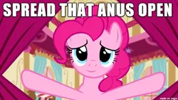 Size: 610x342 | Tagged: anal, caption, derpibooru import, edit, edited screencap, image macro, implied anal, implied anus, meme, out of context, pinkie pie, screencap, suggestive