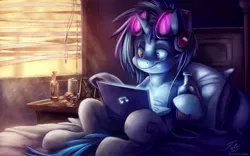 Size: 2048x1280 | Tagged: safe, artist:spainfischer, artist:tsitra360, derpibooru import, octavia melody, vinyl scratch, pony, unicorn, alcohol, bed, bedroom, computer, female, flask, headphones, laptop computer, mare, picture, smiling, soda can, solo