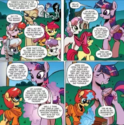 Size: 1397x1413 | Tagged: safe, artist:ponygoddess, derpibooru import, idw, apple bloom, diamond tiara, mayor mare, prancy drew, rarity, scootaloo, silver spoon, sweetie belle, twilight sparkle, twilight sparkle (alicorn), oc, oc:sappho, alicorn, pony, spoiler:comic, spoiler:comicff16, cutie mark crusaders, female, mare, ponysuit