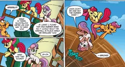 Size: 1399x753 | Tagged: apple bloom, cutie mark crusaders, derpibooru import, fail, idw, safe, scootaloo, spoiler:comic, spoiler:comicff16, sweetie belle, this will end in tears and/or death and/or covered in tree sap, windmill