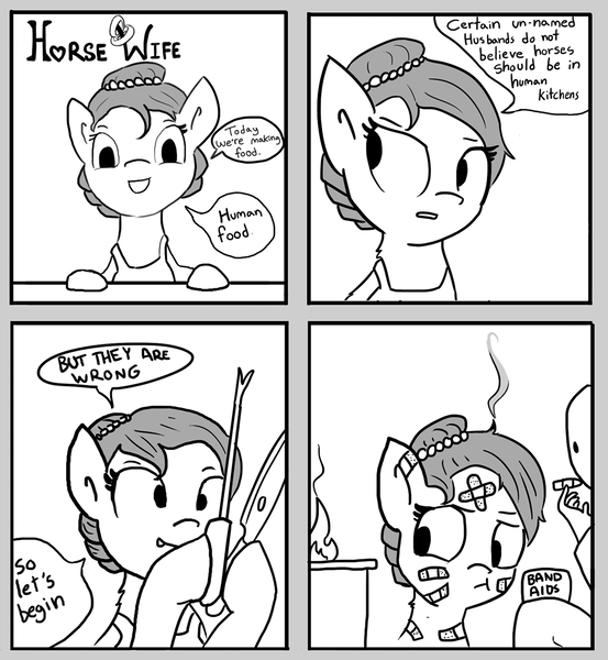 Size: 1073x1165 | Tagged: safe, artist:tjpones, derpibooru import, oc, oc:brownie bun, oc:richard, unofficial characters only, earth pony, pony, horse wife, bandage, comic, fire, housewife, knife, monochrome