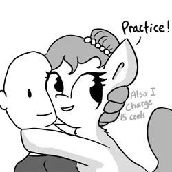 Size: 660x660 | Tagged: safe, artist:tjpones, derpibooru import, oc, oc:brownie bun, oc:richard, unofficial characters only, earth pony, human, pony, horse wife, ask, comic, description is relevant, dialogue, female, grayscale, hug, human male, male, mare, monochrome, simple background, tumblr, white background