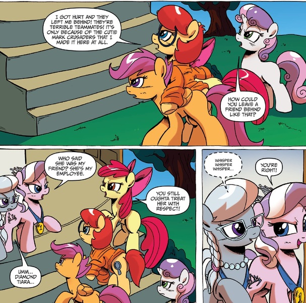 Size: 1399x1383 | Tagged: apple bloom, cutie mark crusaders, derpibooru import, diamond tiara, idw, prancy drew, safe, scootaloo, silver spoon, spoiler:comic, spoiler:comicff16, sweetie belle