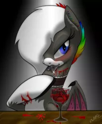 Size: 1233x1500 | Tagged: grimdark, artist:miniferu, derpibooru import, oc, oc:vexi, unofficial characters only, bat pony, pony, blood, cutting, drink, edgy, razor blade, self harm