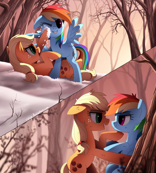 Size: 861x954 | Tagged: safe, artist:ruhje, derpibooru import, applejack, rainbow dash, earth pony, pegasus, pony, appledash, female, lesbian, looking at each other, mare, open mouth, shipping, snow, snowball fight, tree, winter