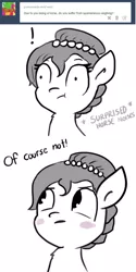 Size: 540x1080 | Tagged: safe, artist:tjpones, derpibooru import, oc, oc:brownie bun, unofficial characters only, horse wife, ask, blushing, descriptive noise, horse noises, horses doing horse things, meme, monochrome, solo, surprised, tumblr