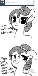 Size: 720x1440 | Tagged: safe, artist:tjpones, derpibooru import, oc, oc:brownie bun, unofficial characters only, horse wife, ask, blatant lies, cute, floppy ears, grayscale, modesty, monochrome, smiling, solo, tumblr