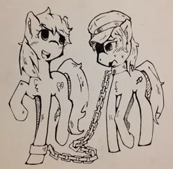 Size: 324x317 | Tagged: safe, artist:/d/, derpibooru import, oc, oc:aryanne, oc:veronika, unofficial characters only, black and white, chain, cuffs, drawthread, grayscale, hammer and sickle, happy, hat, heart, leash, monochrome, national socialism, nervous, prisoner, request, smiling, swastika, walking