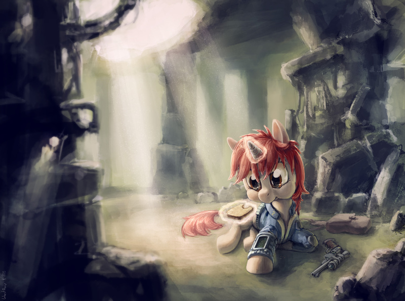 Size: 4000x2973 | Tagged: safe, artist:hunternif, derpibooru import, oc, oc:littlepip, unofficial characters only, pony, unicorn, fallout equestria, fanfic, alternate design, clothes, cute, fanfic art, female, glowing horn, gun, handgun, little macintosh, magic, mare, pipabetes, pipbuck, revolver, ruins, sandwich, solo, telekinesis, vault suit, weapon