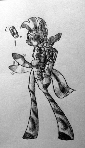 Size: 680x1175 | Tagged: artist:adetuddymax, crossover, democora, demoman, derpibooru import, monochrome, parody, safe, solo, team fortress 2, traditional art, zebra, zecora