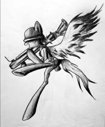 Size: 814x981 | Tagged: safe, artist:adetuddymax, derpibooru import, derpy hooves, pegasus, pony, crossover, derpy soldier, female, mare, monochrome, parody, soldier, solo, team fortress 2, traditional art