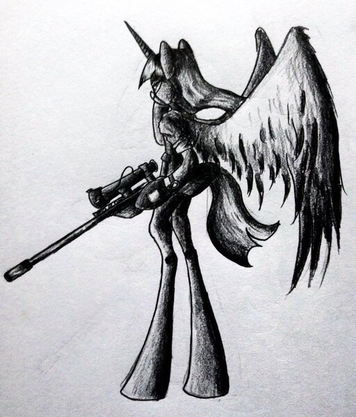 Size: 826x968 | Tagged: safe, artist:adetuddymax, derpibooru import, twilight sparkle, twilight sparkle (alicorn), alicorn, pony, bipedal, black and white, crossover, female, grayscale, gun, hooves, horn, mare, monochrome, optical sight, parody, rifle, sniper, sniper rifle, solo, spread wings, team fortress 2, traditional art, twilight sniper, weapon, wings