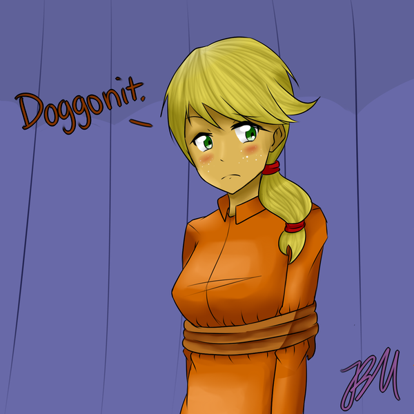 Size: 1500x1500 | Tagged: 30 minute art challenge, applejack, artist:jaybeaniemags, bondage, derpibooru import, human, humanized, rope, rope trick, safe, solo, tied up