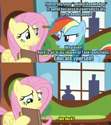 Size: 640x720 | Tagged: safe, derpibooru import, fluttershy, rainbow dash, tanks for the memories, blue text, book, image macro, meme, vulgar