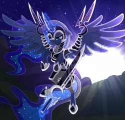 Size: 2122x2048 | Tagged: safe, artist:wingedwolf94, deleted from derpibooru, derpibooru import, princess luna, alicorn, pony, armor, armored chest, armored hooves, armored pony, armored wings, crepuscular rays, ethereal mane, female, flying, glowing horn, hoof shoes, horn, light, luna is not amused, magic, mare, moon, princess of the night, serious, serious face, solo, starry mane, starry night, sword, telekinesis, unamused, warrior luna, watermark, weapon, wingblade