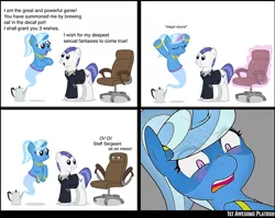 Size: 720x572 | Tagged: 1st awesome platoon, air force, artist:ethanchang, blushing, chair, chair force, coffee, derpibooru import, genie, genie pony, military, military uniform, not trixie, oc, oc:chair-chan, oc:highest, suggestive, the great and powerful genie, unofficial characters only, us airforce, wtf