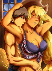 Size: 968x1315 | Tagged: applejack, applejacked, armpits, artist:de-juanchi, big breasts, blushing, bra, breasts, busty applejack, carajack, caramel, cleavage, clothes, derpibooru import, eyes closed, female, freckles, front knot midriff, hickey, human, humanized, lip bite, male, midriff, muscles, pony coloring, shipping, straight, suggestive, topless, underwear