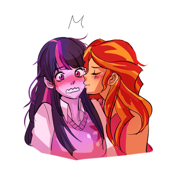 Size: 1000x1000 | Tagged: safe, artist:dashyice, derpibooru import, sunset shimmer, twilight sparkle, equestria girls, rainbow rocks, female, lesbian, shipping, smooch, sunsetsparkle