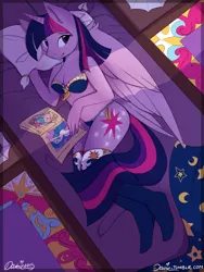 Size: 1200x1600 | Tagged: suggestive, artist:daxhie, derpibooru import, pinkie pie, princess celestia, twilight sparkle, twilight sparkle (alicorn), anthro, bed, book, bra, breasts, cleavage, clothes, female, full body, implied lesbian, implied shipping, implied twilestia, implied twinkie, lesbian, lingerie, looking at you, overhead view, panties, purple underwear, ribbon, shipping, smiling, socks, solo, solo female, stockings, thigh highs, twilestia, twinkie, underwear