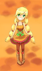 Size: 972x1627 | Tagged: safe, artist:jumboz95, derpibooru import, applejack, equestria girls, friendship through the ages, alternate costumes, alternate hairstyle, clothes, country applejack, dress, grin, hatless, humanized, missing accessory, sleeveless, solo, twintails