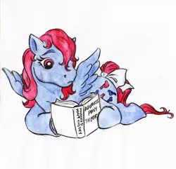 Size: 626x604 | Tagged: accessories, artist:foxspotted, book, derpibooru import, g1, lying down, pegasus, reading, red eyes, red mane, red tail, ribbon, safe, simple background, white background, wind whistler