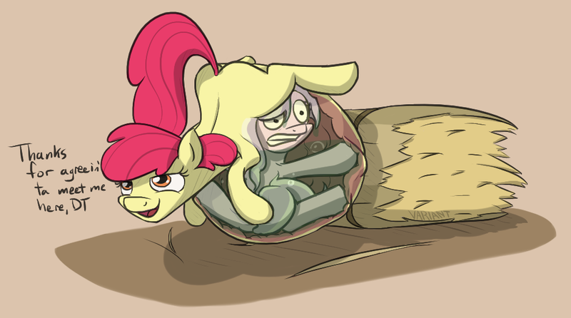 Size: 990x552 | Tagged: questionable, semi-grimdark, artist:variant, derpibooru import, apple bloom, diamond tiara, earth pony, pony, "oh shit" face, belly, bubble, digestion, face down ass up, fetish, filly, imminent death, internal, missing accessory, predbloom, stomach, stomach acid, vore, x-ray