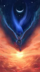 Size: 1860x3381 | Tagged: safe, artist:bluespaceling, derpibooru import, princess luna, alicorn, pony, beautiful, cloud, cloudy, detailed, epic, female, flying, mare, moon, night, solo