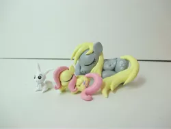 Size: 4608x3456 | Tagged: safe, artist:earthenpony, derpibooru import, angel bunny, derpy hooves, fluttershy, pegasus, pony, craft, female, irl, mare, photo, sculpture, sleeping, tiny