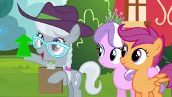 Size: 1280x720 | Tagged: arrow, clipboard, derpibooru import, diamond tiara, edit, edited screencap, safe, scootaloo, screencap, silver spoon, twilight time, upvote