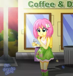 Size: 1500x1572 | Tagged: safe, artist:sumin6301, derpibooru import, fluttershy, equestria girls, alternate hairstyle, backpack, clothes, coffee, donut, eating, food, short hair, skirt, solo, tanktop