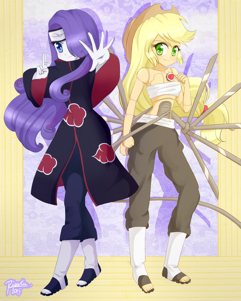 Size: 1124x1401 | Tagged: safe, artist:riouku, derpibooru import, applejack, rarity, equestria girls, akatsuki, clothes, cosplay, crossover, deidara, female, lesbian, naruto, naruto hurricane chronicles, naruto shippuuden, rarijack, sasori, shipping