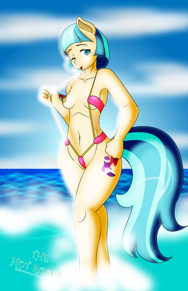 Size: 792x1224 | Tagged: questionable, artist:dekomaru, derpibooru import, coco pommel, anthro, unguligrade anthro, armpits, beach, belly button, breasts, clothes, cutie mark, female, flashing, loco for coco, looking at you, nipples, nudity, ocean, sexy, small breasts, solo, solo female, stupid sexy coco pommel, swimsuit, tongue out, wink