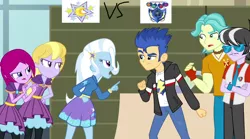 Size: 1024x571 | Tagged: safe, derpibooru import, screencap, brawly beats, flash sentry, fuchsia blush, lavender lace, ringo, trixie, equestria girls, rainbow rocks, argument, background human, female, flash drive (band), gymnasium, trixie and the illusions