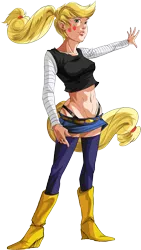 Size: 2589x4599 | Tagged: android 18, applejack, artist:dimadinosaur, belly button, clothes, cosplay, denim skirt, derpibooru import, dragon ball z, female, human, humanized, midriff, skirt, solo, solo female, suggestive, tailed humanization
