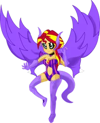 Size: 1024x1258 | Tagged: suggestive, artist:remcmaximus, derpibooru import, sunset shimmer, equestria girls, belly button, black sclera, claws, corrupted, fairy tail, halphas, midriff, mirajane strauss, satan soul, simple background, solo, sombra eyes, transparent background