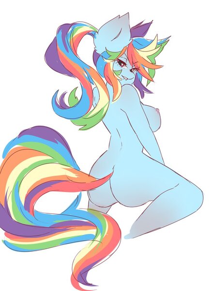 Size: 762x1048 | Tagged: anthro, artist:pachiiri, ass, bedroom eyes, breasts, derpibooru import, female, lip bite, looking at you, nipples, nudity, questionable, rainbow dash, simple background, sketch, solo, solo female, wingless, wingless anthro