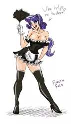 Size: 922x1617 | Tagged: artist:faroth, breasts, broken english, busty rarity, cleavage, clothes, derpibooru import, dialogue, duster, female, gloves, high heels, human, humanized, maid, miniskirt, rarity, skirt, stockings, suggestive