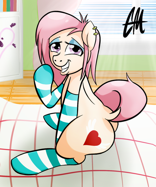 Size: 1280x1536 | Tagged: artist:caliginousmane, bedroom, blinds, book, clothes, cutie mark, derpibooru import, ear piercing, female, nails, oc, oc:floozy, piercing, quilt, sitting, smiling, socks, solo, solo female, striped socks, suggestive, teeth, unofficial characters only, wooden floor