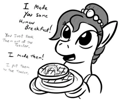 Size: 957x789 | Tagged: apron, artist:jargon scott, clothes, cute, derpibooru import, dialogue, monochrome, oc, oc:brownie bun, open mouth, plate, safe, smiling, unofficial characters only, waffle
